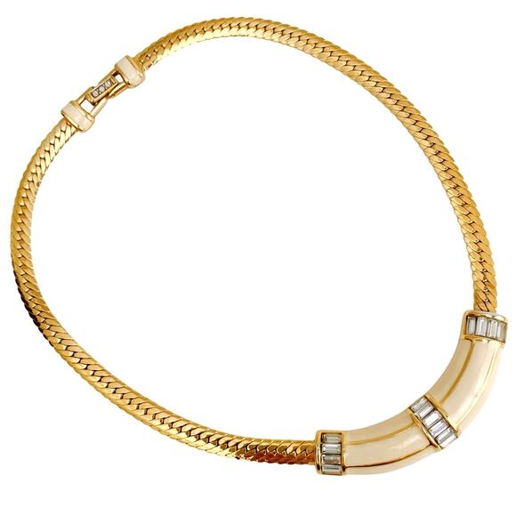 VTG Signed Swarovski Necklace Gold Tone Baguette Rhinestone 1980s Statement - Picture 1 of 16